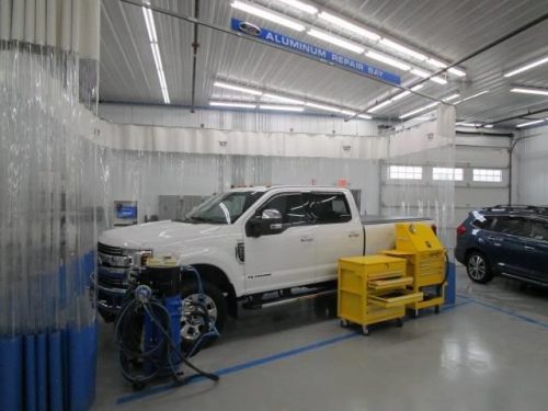 a Ford truck in Bates Collision's Aluminum Repair Bay