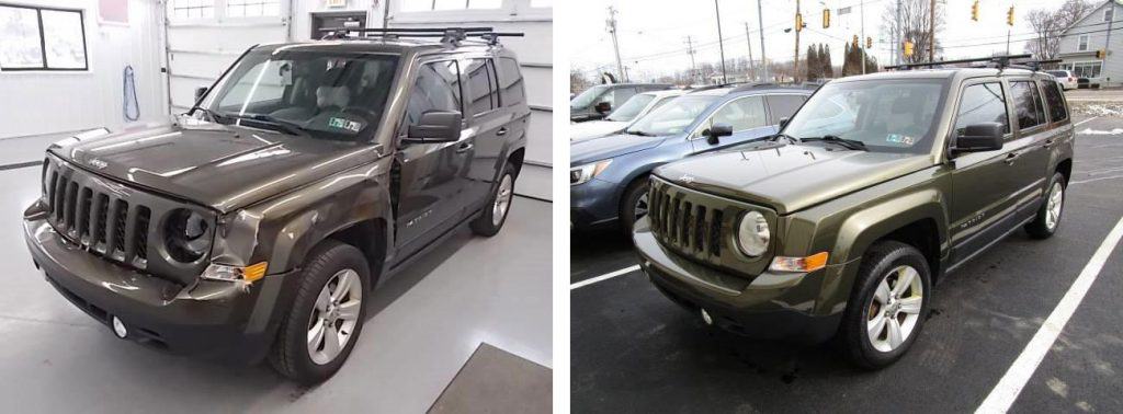 before and after photo of a Jeep at Bates Collision
