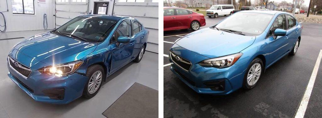 before and after photo of a blue Subaru at Bates Collision