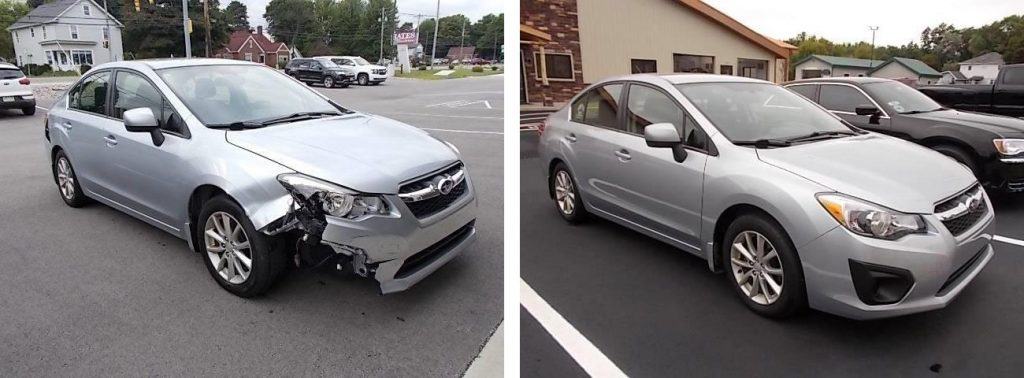 before and after photo of a silver Subaru at Bates Collision