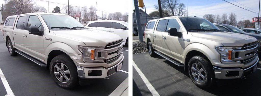 before and after photo of a Ford truck at Bates Collision