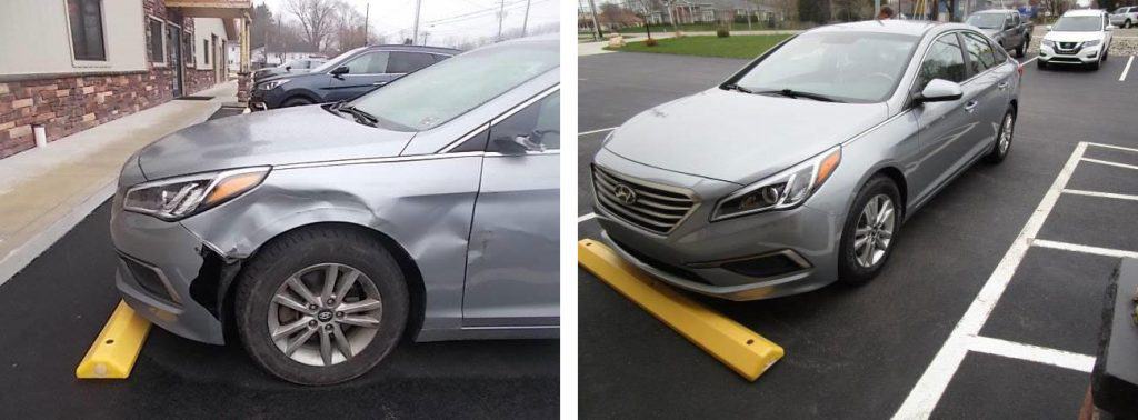 before and after photo of a gray Hyundai at Bates Collision
