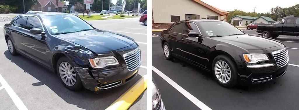 before and after photo of a Chrysler at Bates Collision